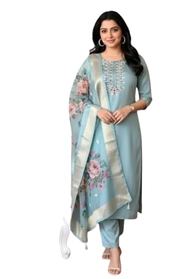 Women's Chanderi Silk Kurti with Rayon Slub Pants & Dupatta