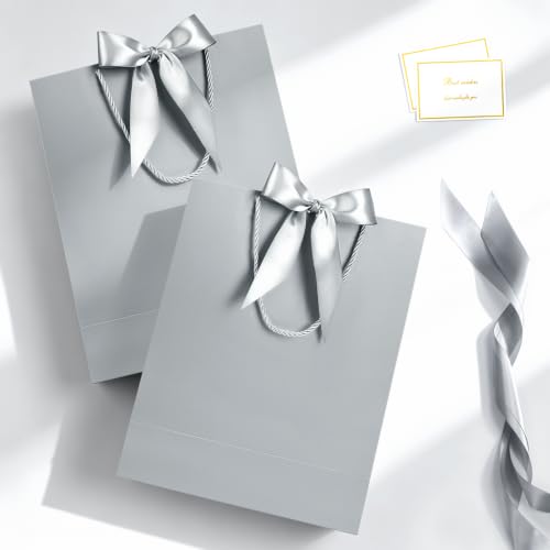 Image of JMANNI Gift Bag, 1PCS Gift Bags with Ribbon and 1 Greeting Cards 2 Tissue Paper, Portable Paper Gift Bag with Handles, Birthday Gift Bags,Present Bags for Wedding Party Mothers Day(Silver)