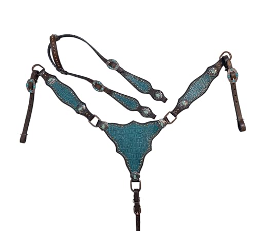 Argentina Cow Leather One Ear Headstall Bridle Breast Collar Set - Decorated with Teal Alligator and Copper Studs, for Horses
