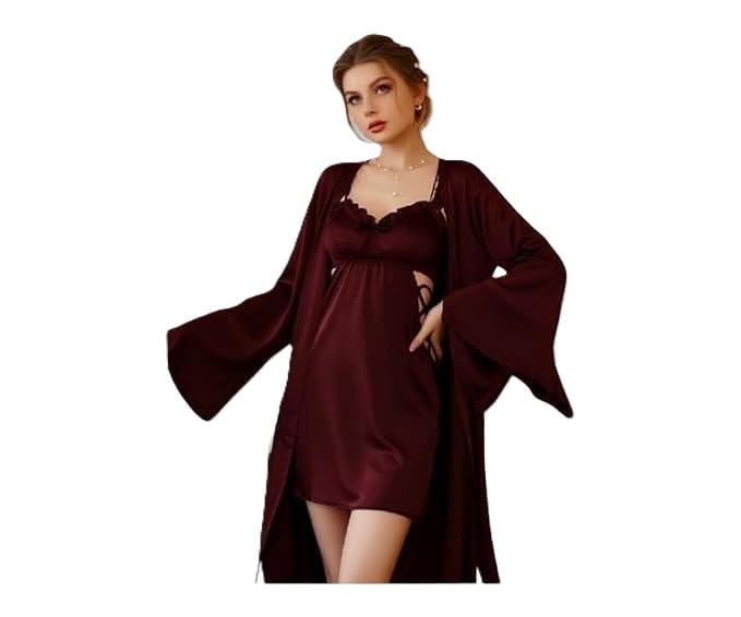 women satin lace babydoll nightwear set – 2 piece sexy night dress with matching robe | soft silk feel lingerie sleepwear | short nighty for women | bridal honeymoon loungewear