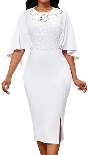 Elegante Kleider für Damen, lange Ärmel, Cocktailkleid, Business, knielang, Bleistiftkleid, Spitzenkleid, Spitze/Weiß, Groß