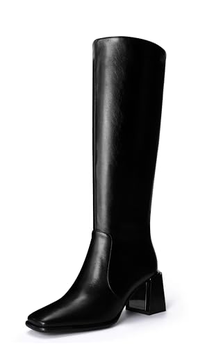 Women's Knee High Boots Block Metal Heel Square Toe Side Zipper Soft PU Leather Classic Fashion Dress Long Boots