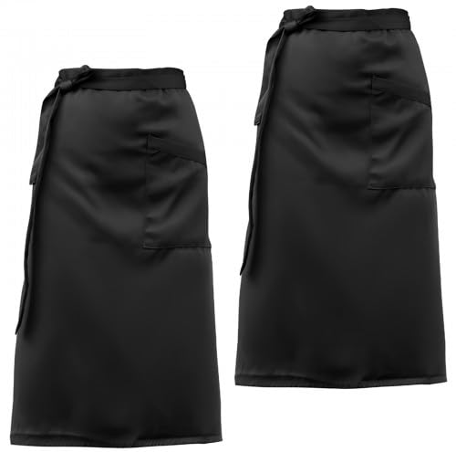 2 Piezas Delantal Camarero Negro, Medio Con Bolsillos, de Cocina Impermeable Adjustable, de Cintura Larga Para Mujer, Restaurante, Casa, Panadero, Artesano, Bar