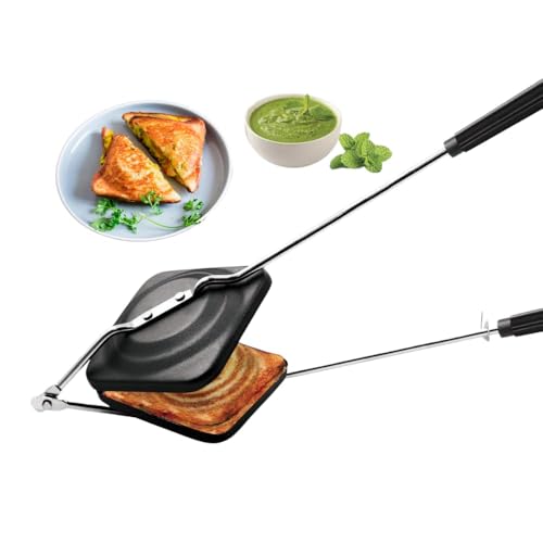 Image of Non-Stick Sandwich Toaster for Gas Stove | Grill & Toast Sandwiches in Minutes | Double-Coated Non-Stick | Durable & Easy to Use | Black Sandwich Maker | Heavy-Duty Cast Aluminum Body | (Toast)