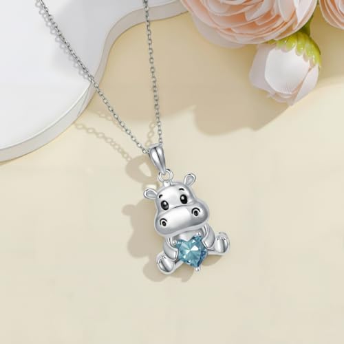 Image of PROESS Animal Birthstone Necklace 925 Sterling Silver Otter /Axolotl /Hippo /Elephant /Dachshund /Monkey /Red Panda Pendant Necklace Animal Birthstone Jewelry Gifts for Women