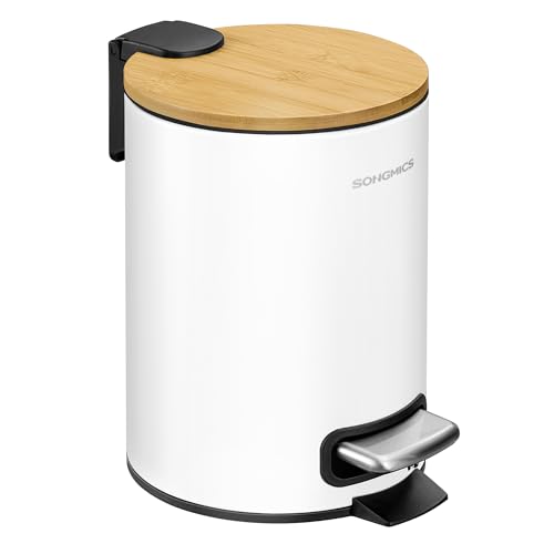 SONGMICS Petite Poubelle, avec Couvercle en Bambou, Pédales en Métal, Seau Amovible, Fermeture en Douceur, pour Salle de Bain, 3 L, Blanc Nuage LTB113WZ01