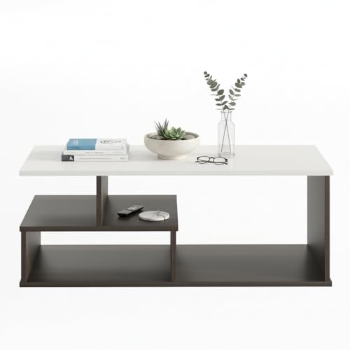 Image of FURNEASER Witely 2-Tier Engineered Wood Coffee Table with Storage Shelves, Modern Centre Table for Living Room & Sofa, Matte Wenge & White Finish