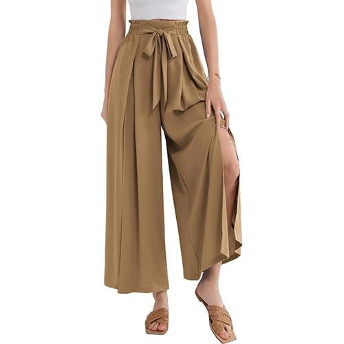 Womens High Waist Tie Belt Casual Loose Wide Leg Long Pants with Pockets Split