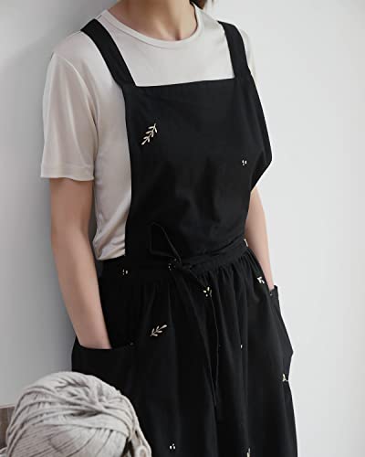 Newgem Cotton Japanese Cross Back Pinafore Apron Dress For Women Cute With Pockets Kitchen Cooking Painting Gardening Shop Black Leaves #TOP1