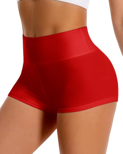 DHSO High Waisted Biker Shorts for Women-3 Spandex Tummy Control Athletic Workout Running Yoga Gym Booty Micro Mini Shorts(Red S-M)