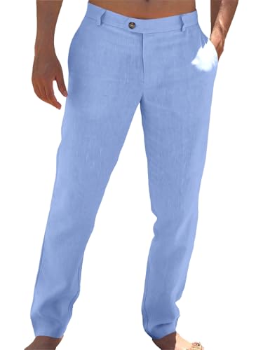 Image of Runcati Mens Casual Pants Elastic Waist Linen Dress Lightweight Straight-Legs Loose Fit Summer Beach Yoga Trousers
