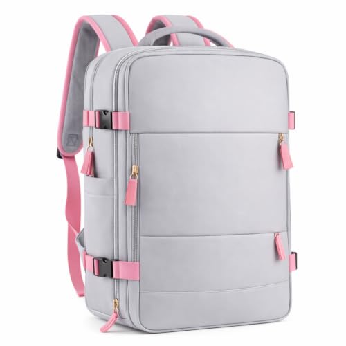 Mochila Viagem Feminina Viral Impermeável com Compartimento para Sapato Notebook USB Bolso para Objetos Úmidos Low Cost Cinza + Rosa
