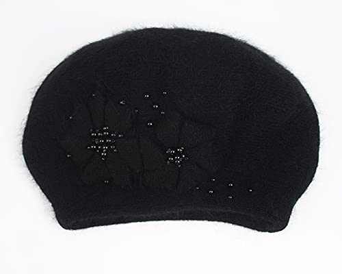 Aichuan Women Winter Knit Beret Hat Rabbit Hair French Style Beret Classic Warm Casual Beanie Hat Black #TOP3