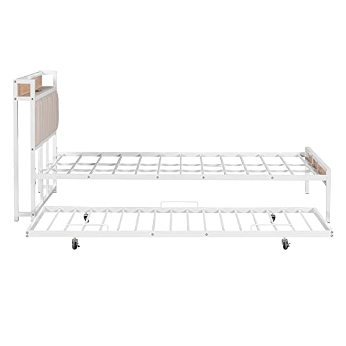 Queen Bed Frame With Trundle And Outlet & Usb Ports Metal Platform Bed With Upholstered Headboard, Queen Size Metal Panel Bed With Shelf, Noise-Free, No Box Spring Needed, White With Beige #TOP6