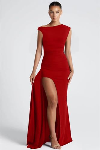 Image of Memoriesea Women's Elegant Off Shoulder Ruched High Split Wedding Party Maxi Dress Red