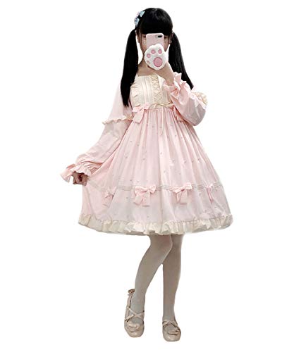 Lolita Robe de princesse pour filles, style japonais, tissu en maille, perles, nœud, manches longues, pull, décontracté, quotidien, rose, taille unique grande taille