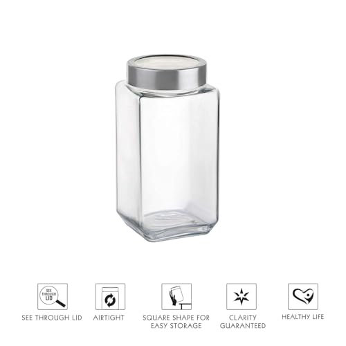 Image of SITOVI Premium Qube Glass Jars - 2 x 1000ml Airtight Containers | Stylish, Stackable, Transparent Kitchen Storage for Dry Fruits, Pulses, Snacks