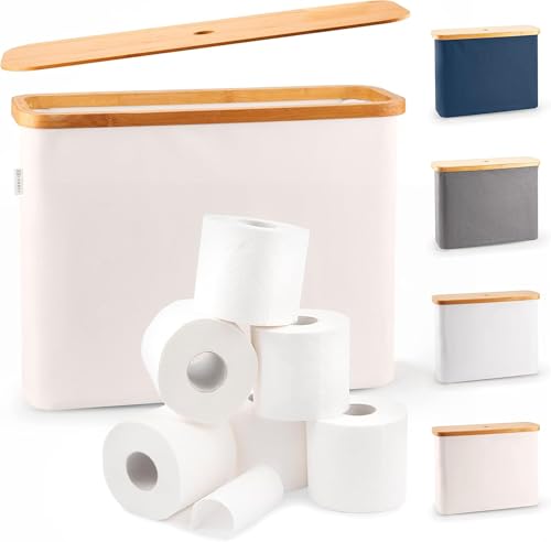 LONBET para 12 Rollos Almacenaje Papel Higienico con Tapa de Bambú   Almacenamiento Baño Plegable e Impermeable   Diseño Elegante y Apilable con Montaje Rápido   Toilet Paper Storage, Beige
