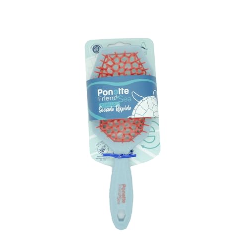 PONETTE FRIENDSEA - Cepillo Desenredante Antitirones Secado Rápido Verde y Coral, de Plástico Reciclado de Residuos del Mar, Perforado para un Secado Rápido, Reciclado y Reciclable, Marca Española