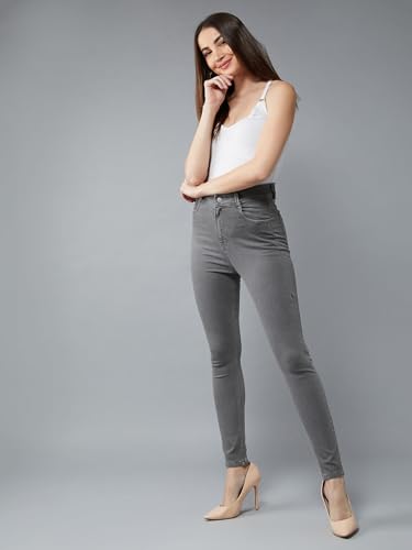 Image of Miss Chase Women's Skinny High Rise Cropped Fringed Hemline Detailing Stretchable Denim Jeans