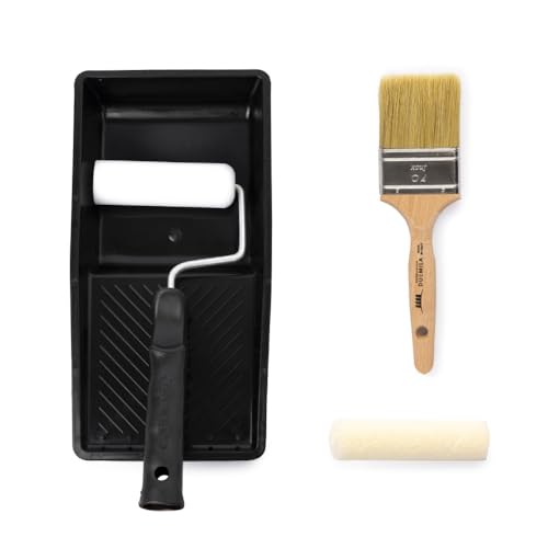 PENNELLIFICIO 2000 | Kit Professionale per Smalti all'Acqua, Solventi, Impegnanti, con Rullino in Velour, Rullino in Spunga, Manico per Rullino, Pennello e Vaschetta in Plastica, Made in Italy