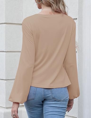 Fanway&EC Women's Long Sleeve V Neck Blouses Babydoll Tie Front Shirts Ruffle Hem Casual Crop Tops2