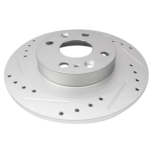 Image of TRQ Performance Rear Brake Pad and Rotor Set Ceramic Coated Drilled Slotted Rotors Compatible with 1991-1996 Ford Escort Mercury Tracer 1990-1994 Mazda Protege