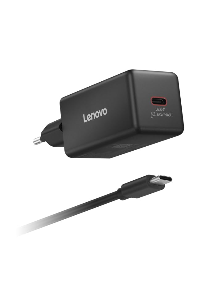 Lenovo Cargador Mini USB-C GAN 65W, Cable 2 m, Carga Rápida, Negro | USB-C Power Delivery 3.0, 65 W, tecnología GaN, entrada CA 100-240 V~, cable USB-C integrado de 2 m