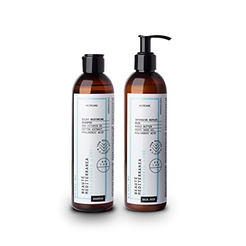 Beauté Mediterranea - Pack Repara & Protege con Ácido Hialurónico y Sin Sulfatos - Champú y Mascarilla para el Pelo 300 ml - Ideal para Cabello Fino, Frágil y Dañado - 100% Vegano - Cosmética Natural