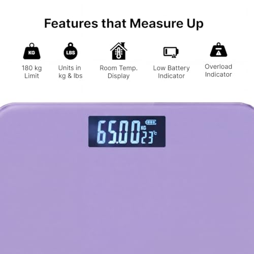 Image of Cult Active body Weighing scale, LCD display, Weight Machine, 180 Kg, Batteries included, Tempered Glass Platform, Ideal for Home Use, Purple.