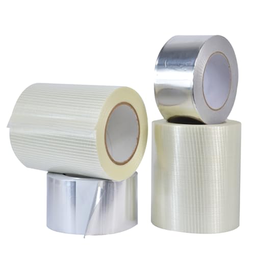 MAT Hexayurt Tape Bundle for Burning Man Rave Camping Tents, 2 Rolls of 6 inch Bi Filament Strapping Tape 60 yds + 2 Rolls of 3 inch Aluminum Foil Tape 50 yds. Strong Adhesion Tear Resistance