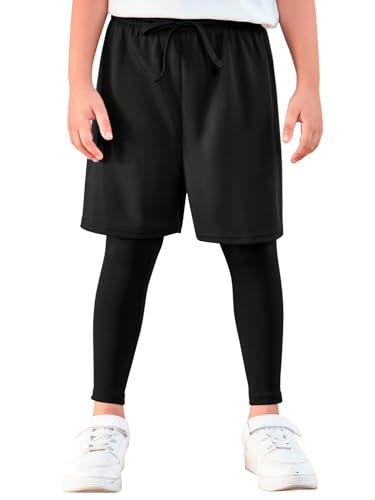 Haloumoning Boys Sports Leggings with Shorts Kids 2 in 1 Running Workout Athletic Legging Pants 5-14 Years2