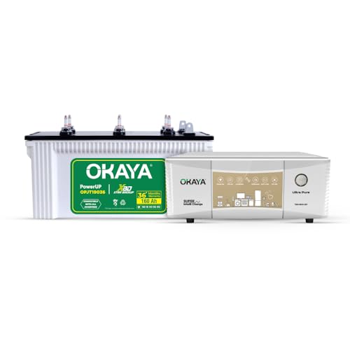 Okaya Inverter & Battery Combo (Ultra Pure TSW 1500 True Sine Wave 1250VA/12V with PowerUP OPJT19036 160Ah/12V) Inverter with Battery for Home, Office & Shops