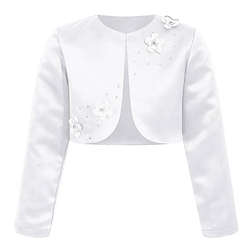 Choomomo Girls Elegant Satin Bolero Shrug Cropped Long Sleeve 3D Applique Open Front Cardigan Jacket
