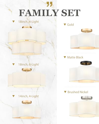 Image of Gold Semi Flush Mount Ceiling Light, 5-Light 18 inch Ceiling Light Fixtures with Double Fabric Drum Shade in Quatrefoil Shape, Light Fixtures Ceiling Mount for Nursery Bedroom, AD-22007-5SF-GD
