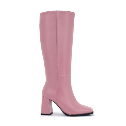 Image of Knee High Boots for Women - Wide Calf Boots with Zipper, Square Toe Tall Leather Boots, Chunky Heel Fashion Long Boots