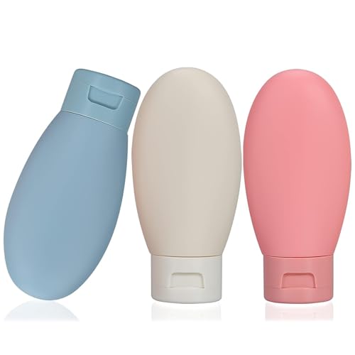 مجموعة زجاجات سفر من 3 قطع، سعة 60 مل، مانعة للتسرب وقابلة لاعادة الملء، قابلة للضغط، مع شنطة حمل شفافة للشامبو السائل والصابون ومستلزمات النظافة، بلاستيك