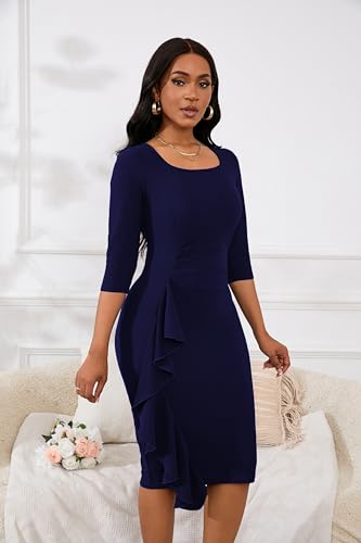 Image of Womens 1950s Vintage Bodycon Dress 3 /4 Sleeve Square Neck Cocktail Pencil Sheath Midi Dress Elegant