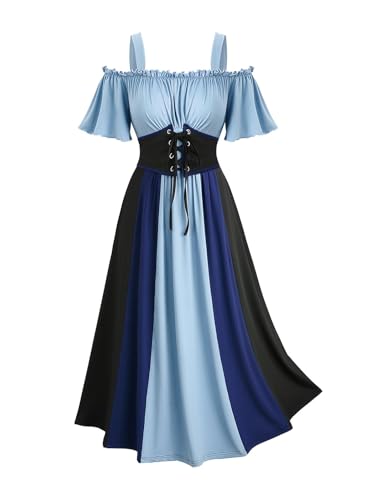 Rosegal Women Plus Size Medieval Renaissance Costume Dress Cold Shoulder Ruffles Underbust Corset Irish Dres Flutter Sleeves Goth Dress Cosplay(Blue_1/4X)
