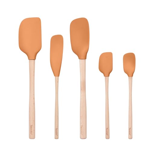 Tovolo Silicone Spatula with Wooden Handle Set of 5 Piece Silicone Kitchen Utensil Set Spoonula Jar Scraper Mini Spatula and Spoonula for Cooking Baking Mixing Folding Apricot Orange Cookware
