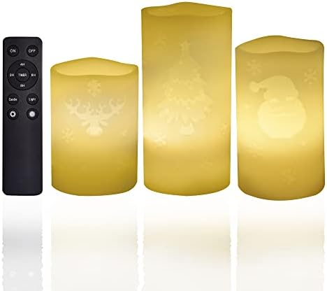 CANDLE CHOICE Velas de Navidad sin llama con temporizador remoto, cera real, parpadeante, pilares LED con grabado deprimido, reno, Papá Noel,