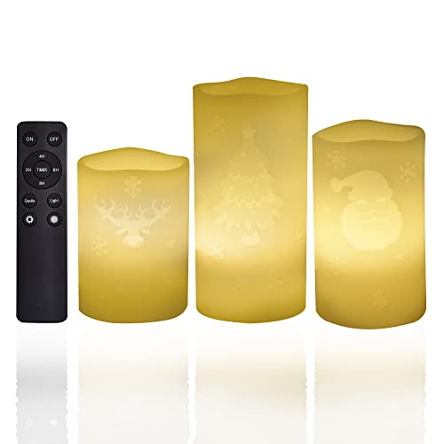 Image of CANDLE CHOICE Christmas Flameless Candles with Remote Timer Real Wax Flickering Battery Operated LED Pillars with Depressed Engraved Reindeer Santa Claus Xmas Tree Patterns for Party Decorations 3 PCS