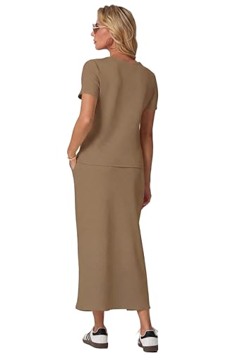 Image of GRECERELLE Women Summer Casual 2 Piece Sets V-Neck Wrinkle-Free Top & Elastic Waist Midi Side Slit Skirt with Pockets
