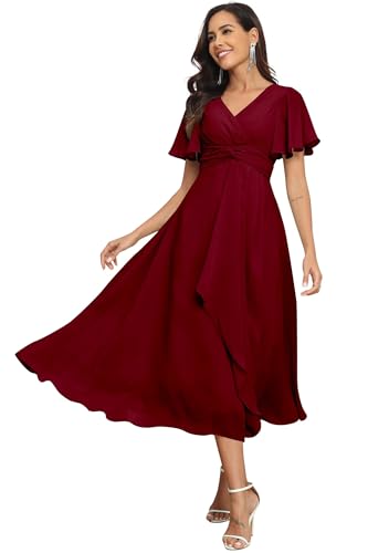 V-Neck Chiffon Bridesmaid Dresses with Pleats A-line Formal Prom Dress Tea Length with Pockets