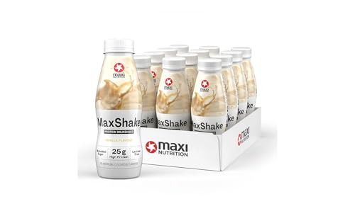 MaxiNutrition MaxShake Protein Milchshake Vanille, 12x 330ml, cremiger Eiweiß-Shake für unterwegs, 25g Protein, low fat & low carb, laktosefrei, ohne künstliche Aromen, Made in Germany