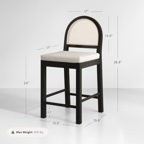 Image of Nathan James Bailey Boucle Upholstered Rattan Bar Stool, Counter Height Stool with Natural Rattan Woven Back For Kitchen Island, White /Black Oak