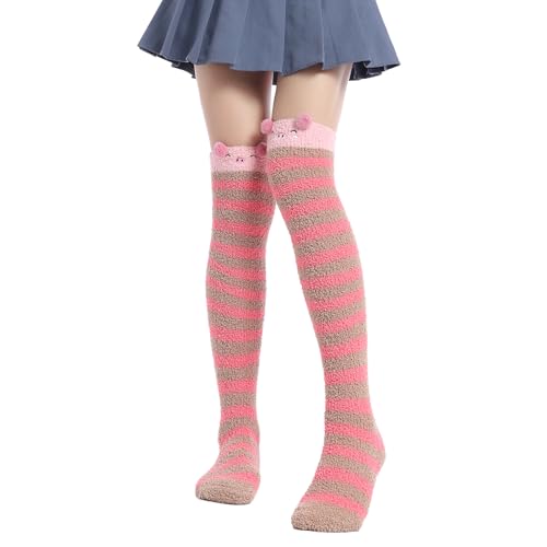 Image of Thigh High Fuzzy Socks Cute Animal Coral Fleece Over the Knee Thigh High Long Stockings Warm Stripe