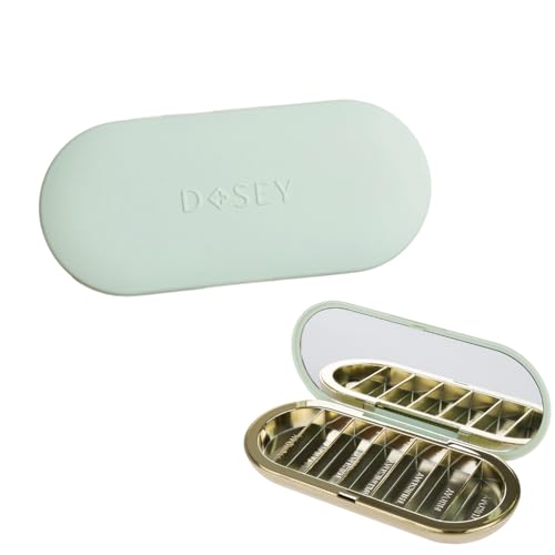 Image of Dosey 7 Day Pill Compact Travel Pill Organizer - Pill Case with 7 Pill Compartments for Medicine Storage & Protection - Stylish & Elegant Medication Organizer with Mirror, Sage
