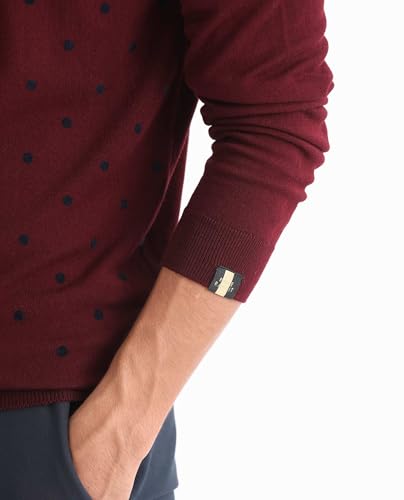 Image of Rare Rabbit Men's Flock Dark Maroon Viscose Polka Print Relaxed Fit Full Sleeve Crew Neck Sweater