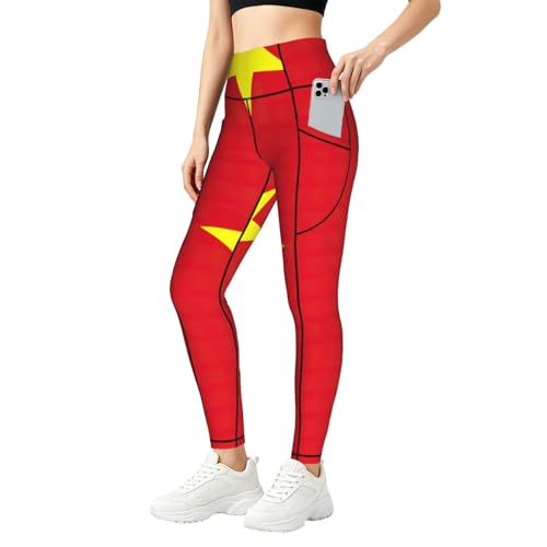 Leggings con estampado de bandera vietnamita para mujer con bolsillos